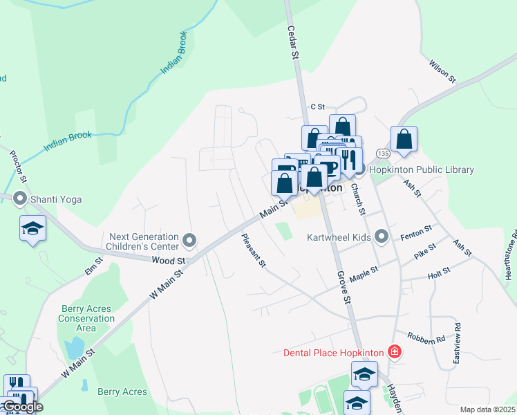 map of restaurants, bars, coffee shops, grocery stores, and more near 6 Mayhew Street in Hopkinton