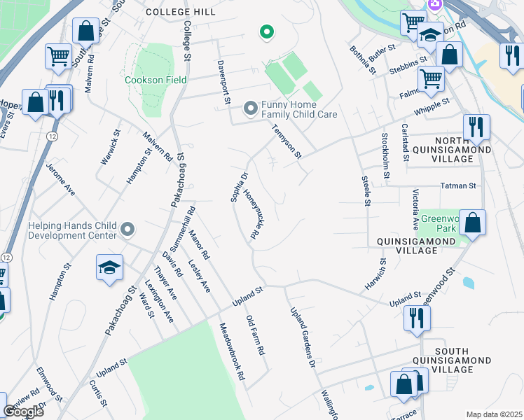 map of restaurants, bars, coffee shops, grocery stores, and more near 40 Honeysuckle Road in Worcester