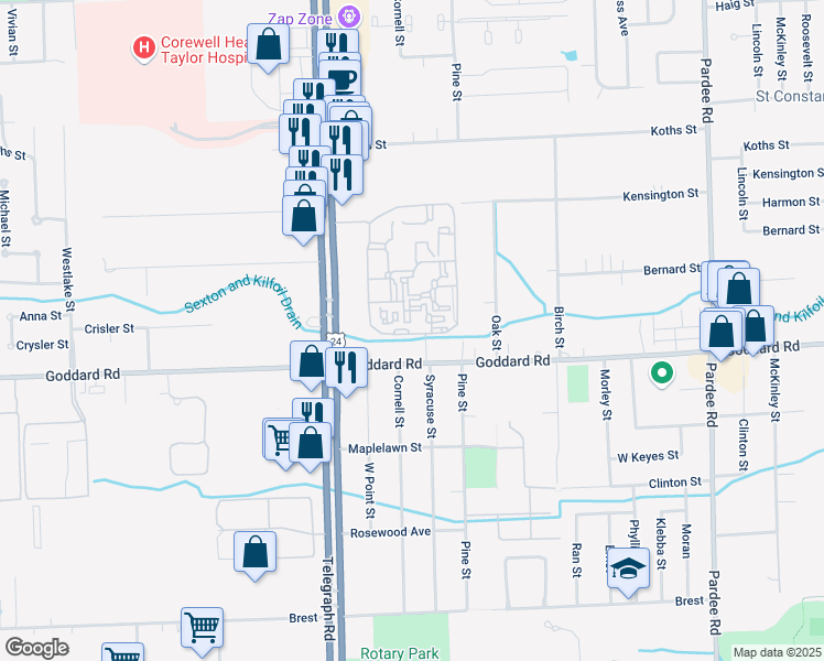 map of restaurants, bars, coffee shops, grocery stores, and more near Unnamed Road in Taylor