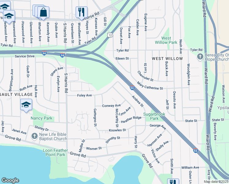 map of restaurants, bars, coffee shops, grocery stores, and more near 1704 Foley Avenue in Ypsilanti