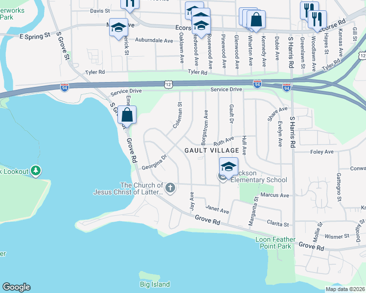 map of restaurants, bars, coffee shops, grocery stores, and more near 1205 Georgina Drive in Ypsilanti