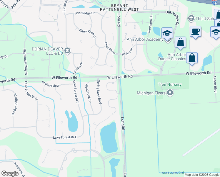 map of restaurants, bars, coffee shops, grocery stores, and more near 4011 Boulder Pond Drive in Ann Arbor