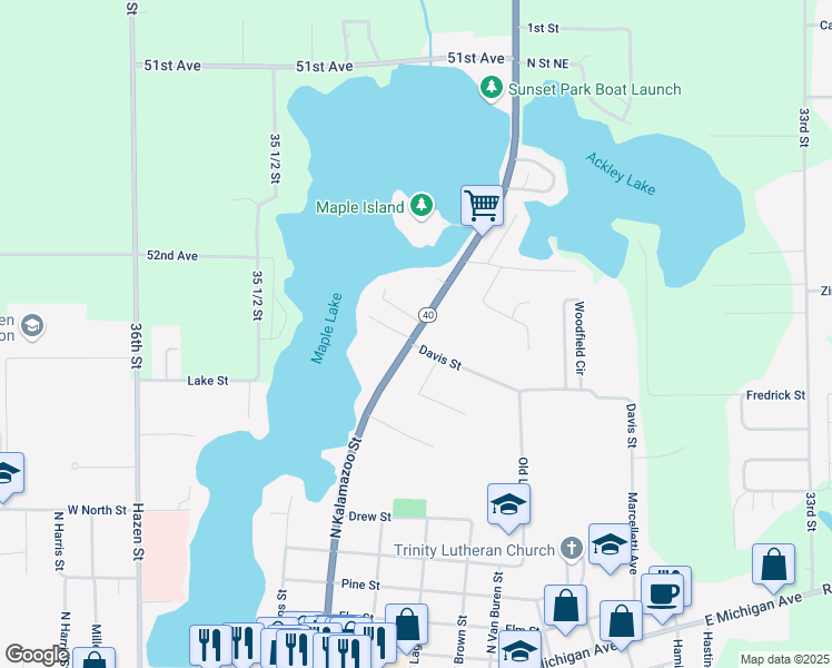 map of restaurants, bars, coffee shops, grocery stores, and more near 821 North Kalamazoo Street in Paw Paw
