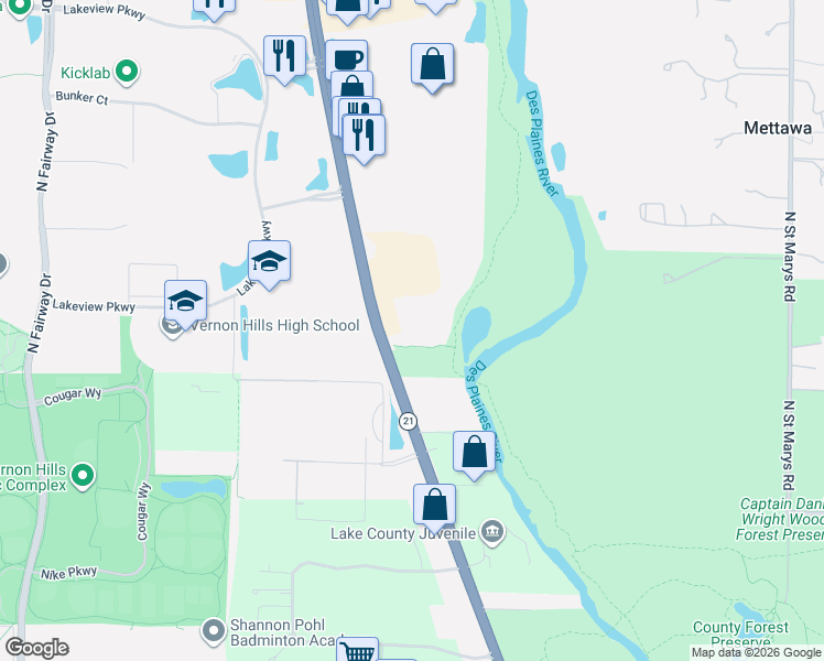 map of restaurants, bars, coffee shops, grocery stores, and more near 145 North Milwaukee Avenue in Vernon Hills