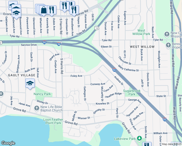 map of restaurants, bars, coffee shops, grocery stores, and more near 1633 Foley Avenue in Ypsilanti