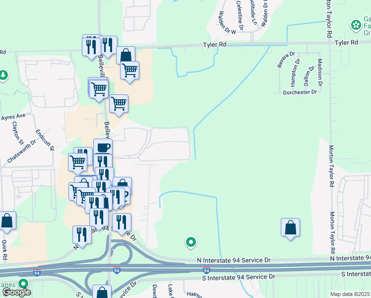 map of restaurants, bars, coffee shops, grocery stores, and more near 4302 Westlake Circle in Van Buren Charter Township