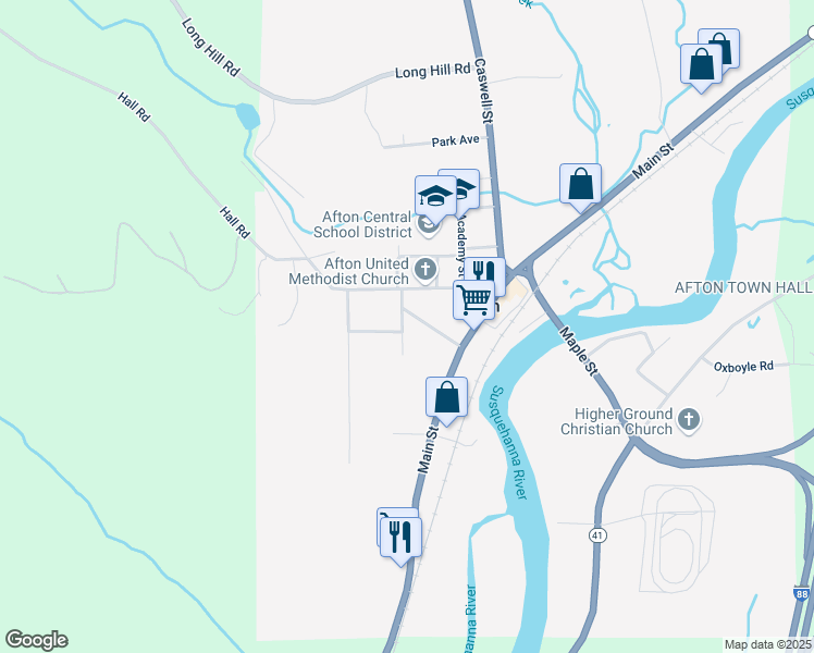 map of restaurants, bars, coffee shops, grocery stores, and more near 25 Pleasant Avenue in Afton