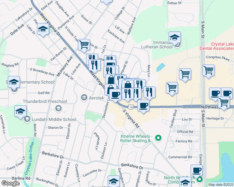map of restaurants, bars, coffee shops, grocery stores, and more near 0 Crystal Lake Plaza in Crystal Lake