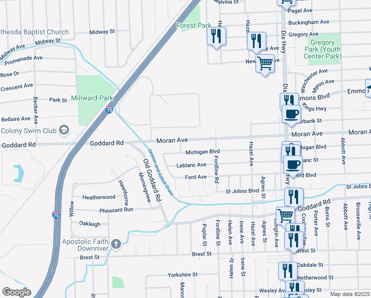 map of restaurants, bars, coffee shops, grocery stores, and more near 14641 Moran Road in Allen Park