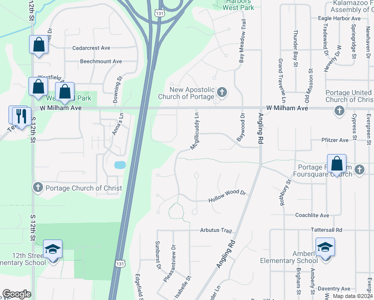 map of restaurants, bars, coffee shops, grocery stores, and more near 6210 Mcgillicuddy Lane in Portage