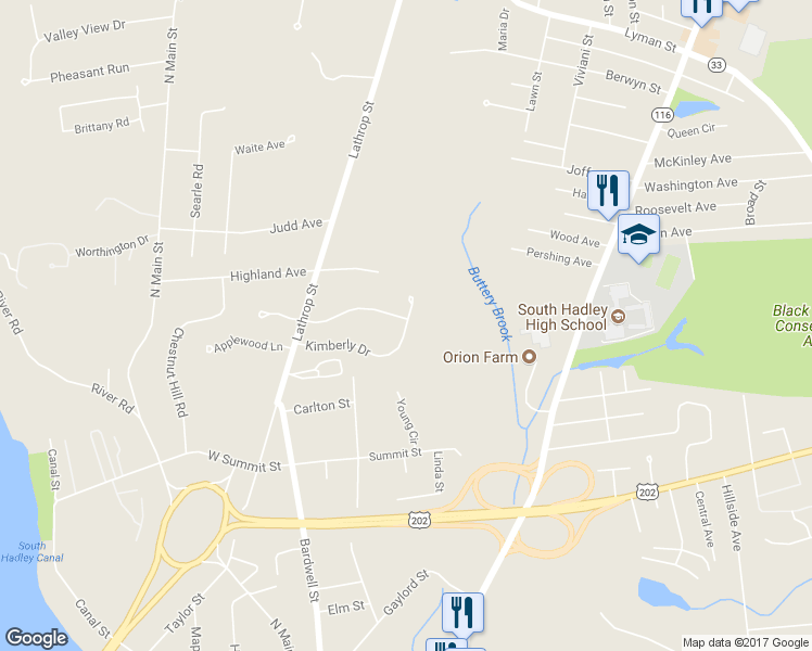 map of restaurants, bars, coffee shops, grocery stores, and more near 36 Kimberly Drive in South Hadley