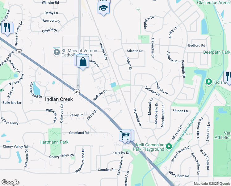 map of restaurants, bars, coffee shops, grocery stores, and more near 300 Sullivan Drive in Vernon Hills