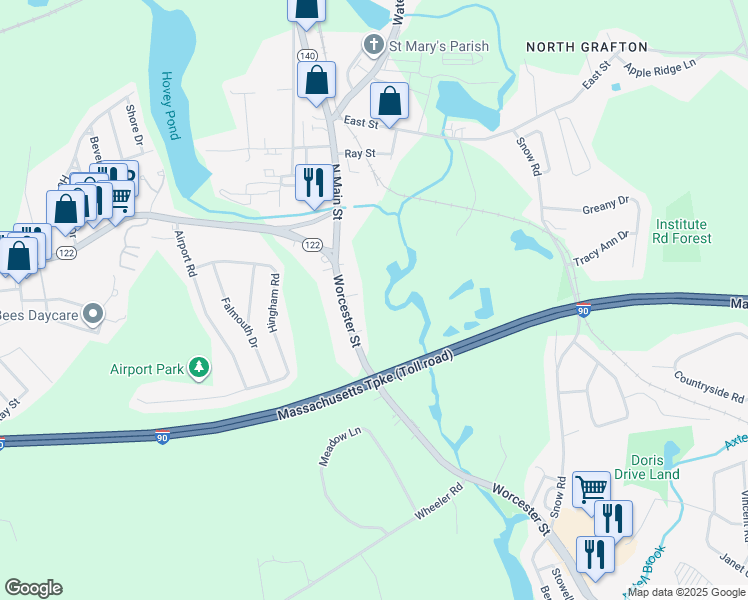 map of restaurants, bars, coffee shops, grocery stores, and more near 148 Worcester Street in Grafton