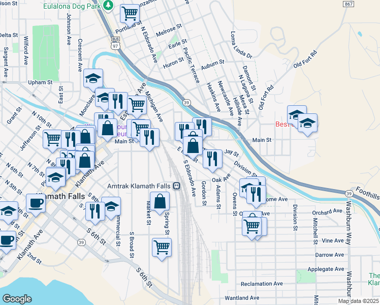 map of restaurants, bars, coffee shops, grocery stores, and more near 132 Martin Street in Klamath Falls