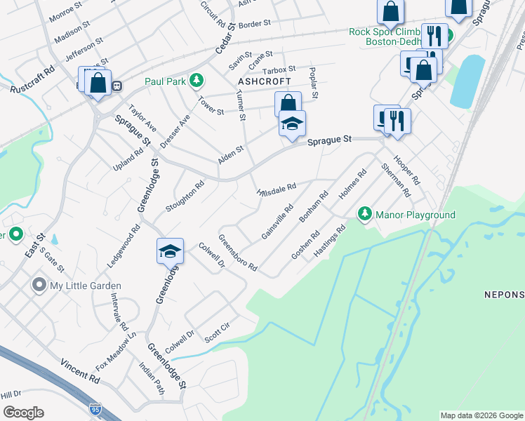 map of restaurants, bars, coffee shops, grocery stores, and more near 12 Greensboro Road in Dedham