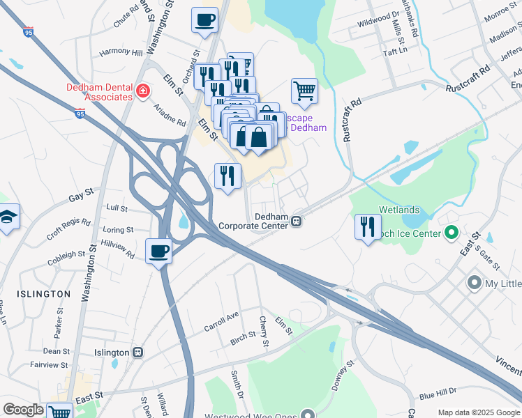 map of restaurants, bars, coffee shops, grocery stores, and more near 2203 Station Circle in Dedham