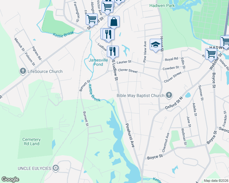 map of restaurants, bars, coffee shops, grocery stores, and more near 117 South Ludlow Street in Worcester