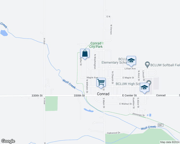 map of restaurants, bars, coffee shops, grocery stores, and more near W Lillian Ave in Conrad