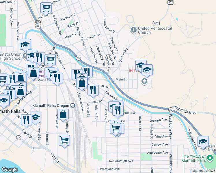 map of restaurants, bars, coffee shops, grocery stores, and more near 2330 Oak Avenue in Klamath Falls