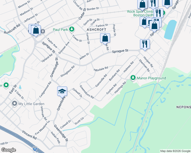 map of restaurants, bars, coffee shops, grocery stores, and more near 12 Greensboro Road in Dedham
