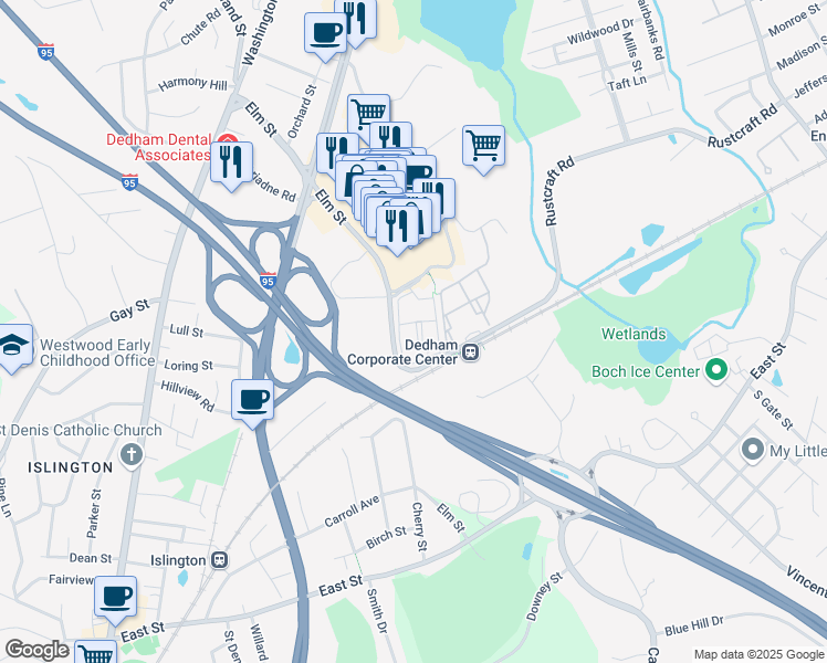 map of restaurants, bars, coffee shops, grocery stores, and more near 250 Station Circle in Dedham