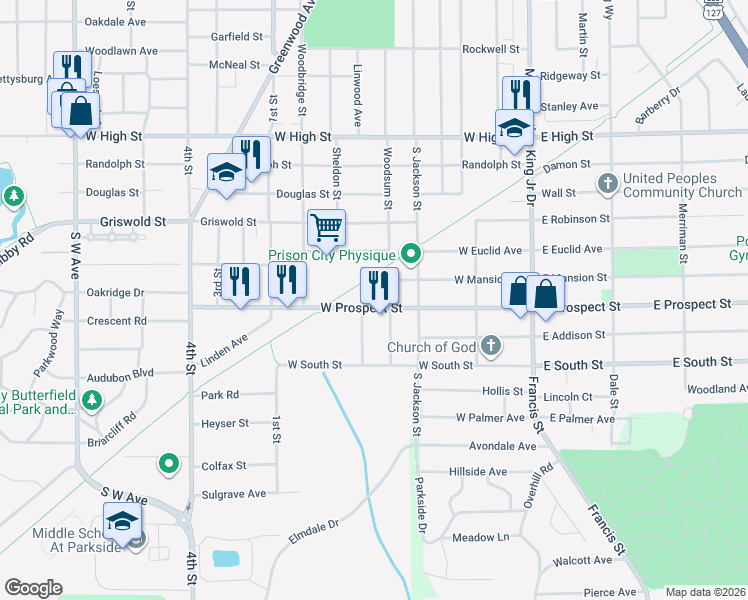 map of restaurants, bars, coffee shops, grocery stores, and more near 238 West Prospect Street in Jackson