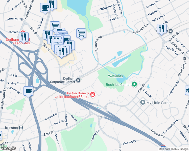 map of restaurants, bars, coffee shops, grocery stores, and more near 20 Carematrix Drive in Dedham