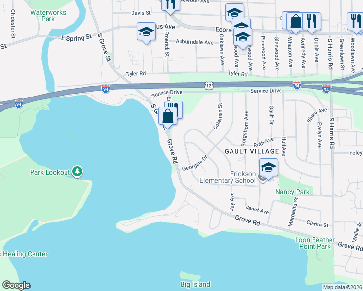 map of restaurants, bars, coffee shops, grocery stores, and more near 825 South Grove Street in Ypsilanti
