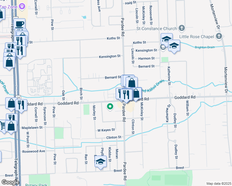 map of restaurants, bars, coffee shops, grocery stores, and more near 22688 Goddard Road in Taylor