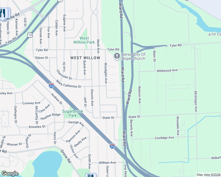 map of restaurants, bars, coffee shops, grocery stores, and more near 1257 Woodglen Avenue in Ypsilanti