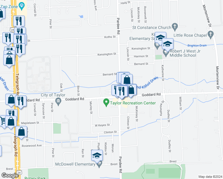 map of restaurants, bars, coffee shops, grocery stores, and more near 22688 Goddard Road in Taylor
