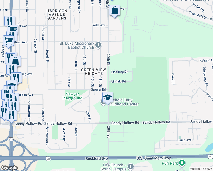 map of restaurants, bars, coffee shops, grocery stores, and more near 3131 20th Street in Rockford