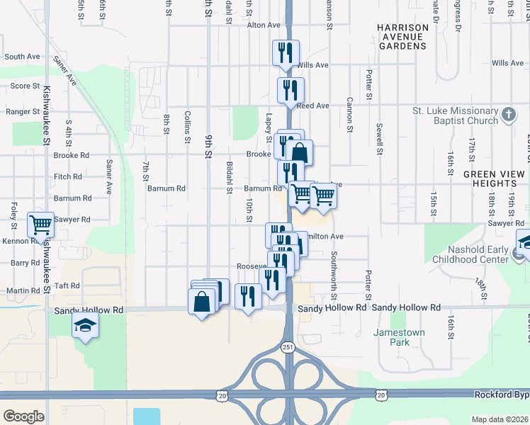map of restaurants, bars, coffee shops, grocery stores, and more near 3126 Lapey Street in Rockford