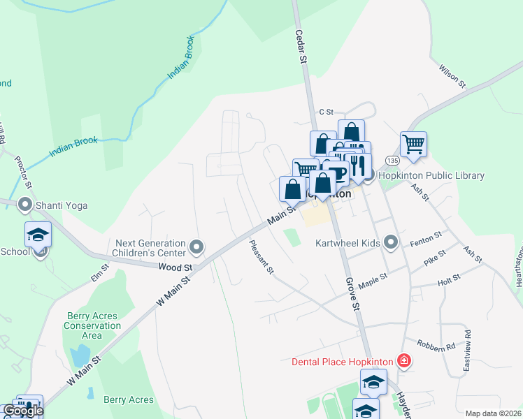 map of restaurants, bars, coffee shops, grocery stores, and more near 6 Mayhew Street in Hopkinton