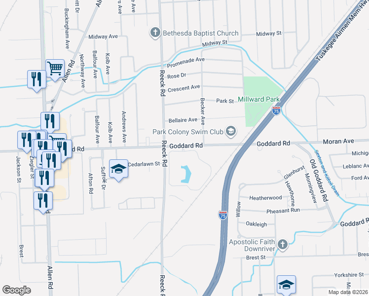 map of restaurants, bars, coffee shops, grocery stores, and more near 6040 Goddard Road in Allen Park