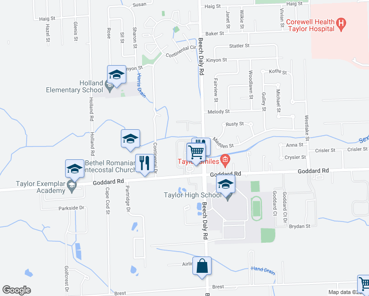 map of restaurants, bars, coffee shops, grocery stores, and more near Mount Vernon Street in Taylor