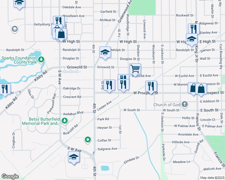 map of restaurants, bars, coffee shops, grocery stores, and more near 412 West Prospect Street in Jackson