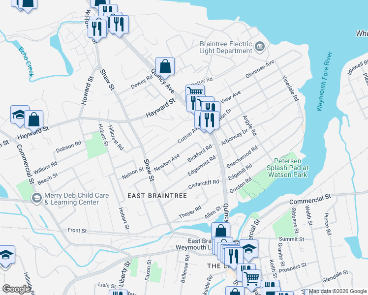 map of restaurants, bars, coffee shops, grocery stores, and more near 85 Cotton Avenue in Braintree