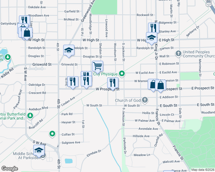 map of restaurants, bars, coffee shops, grocery stores, and more near 238 West Prospect Street in Jackson