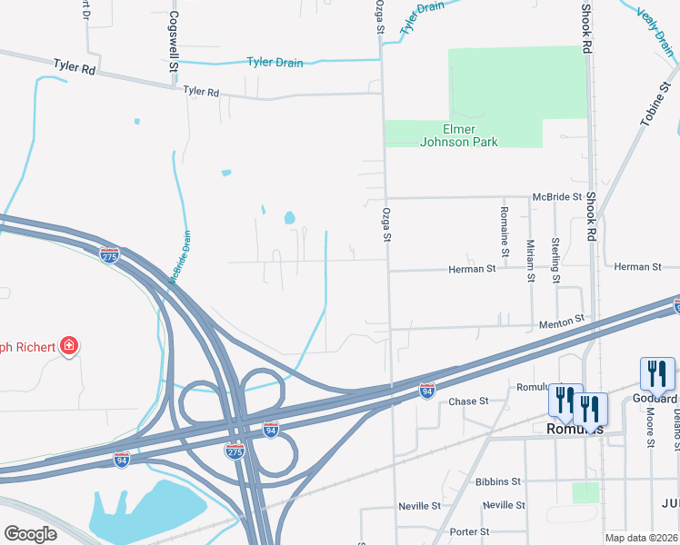 map of restaurants, bars, coffee shops, grocery stores, and more near 37555 Herman Street in Romulus