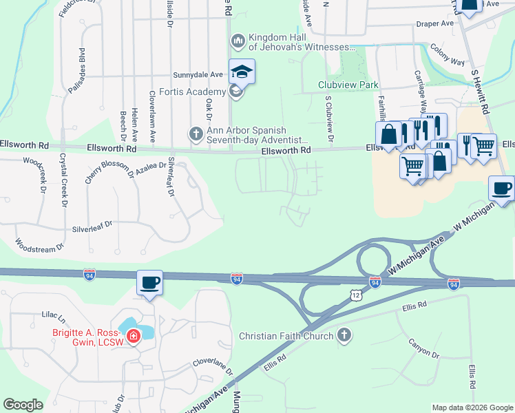 map of restaurants, bars, coffee shops, grocery stores, and more near 777 Clubhouse Drive in Ypsilanti