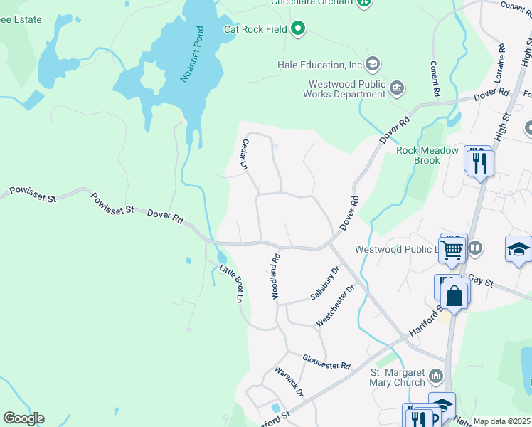 map of restaurants, bars, coffee shops, grocery stores, and more near 89 Rockmeadow Road in Westwood