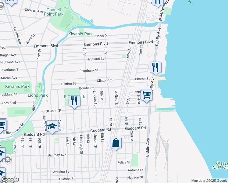 map of restaurants, bars, coffee shops, grocery stores, and more near 632 Garfield Street in Wyandotte