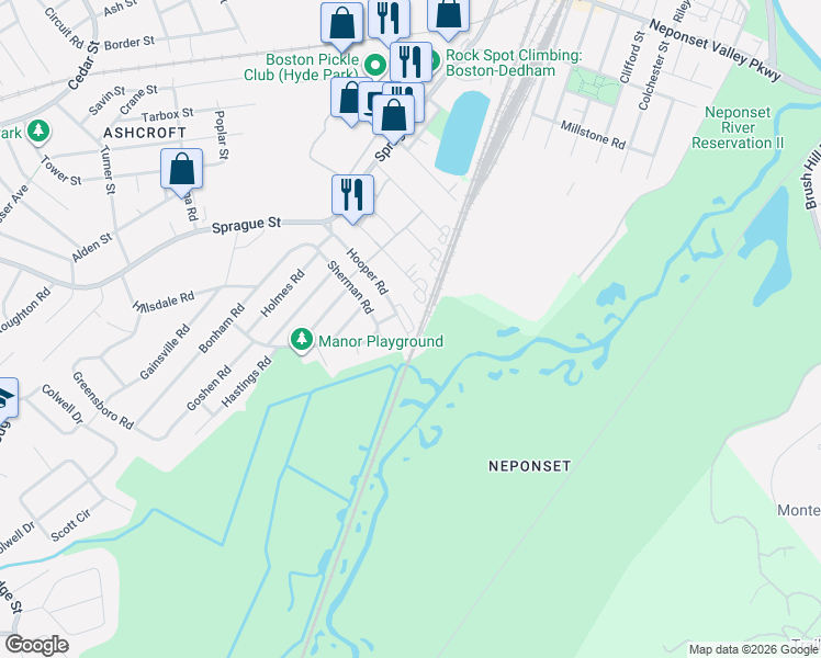 map of restaurants, bars, coffee shops, grocery stores, and more near 100 Hooper Road in Dedham