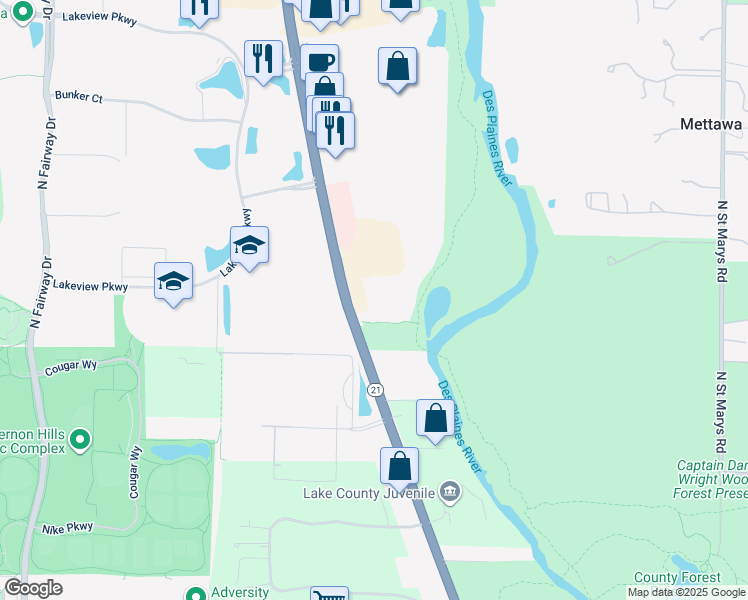map of restaurants, bars, coffee shops, grocery stores, and more near 145 North Milwaukee Avenue in Vernon Hills
