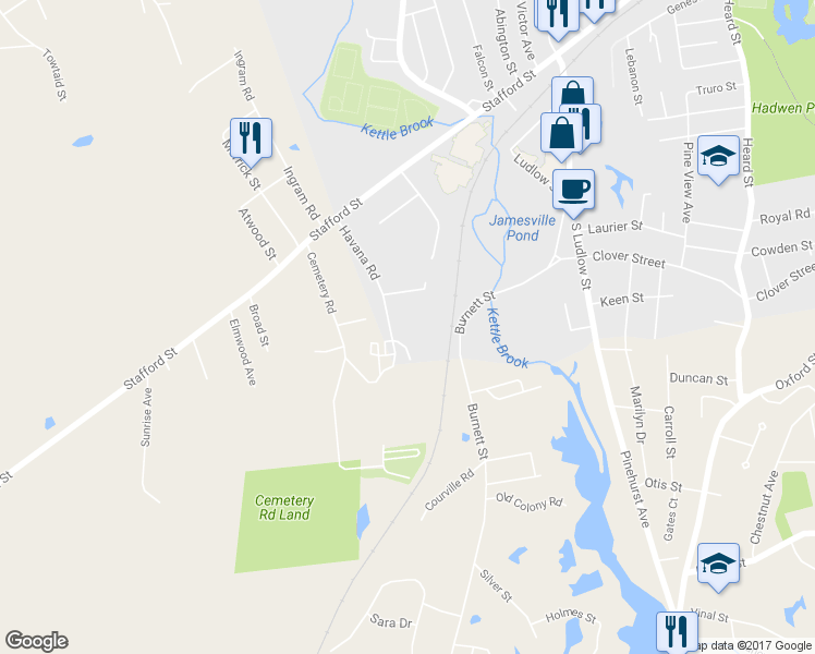 map of restaurants, bars, coffee shops, grocery stores, and more near 31 Havana Road in Worcester