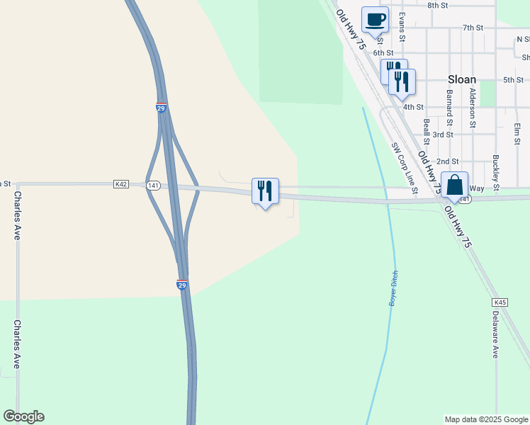 map of restaurants, bars, coffee shops, grocery stores, and more near 1864 Old Highway 141 in Sloan