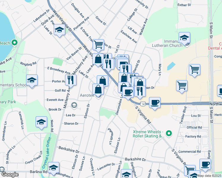 map of restaurants, bars, coffee shops, grocery stores, and more near 451 Coventry Lane in Crystal Lake
