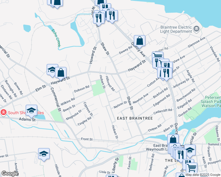 map of restaurants, bars, coffee shops, grocery stores, and more near 49 Hillcrest Road in Braintree