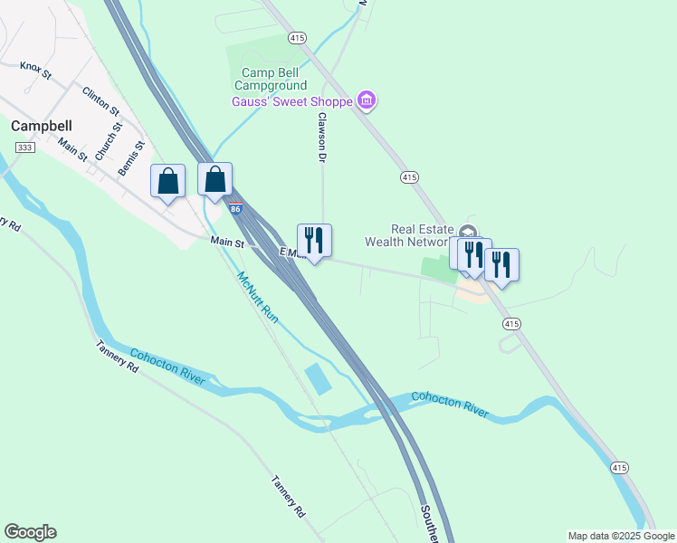 map of restaurants, bars, coffee shops, grocery stores, and more near 8724 Main Street in Campbell